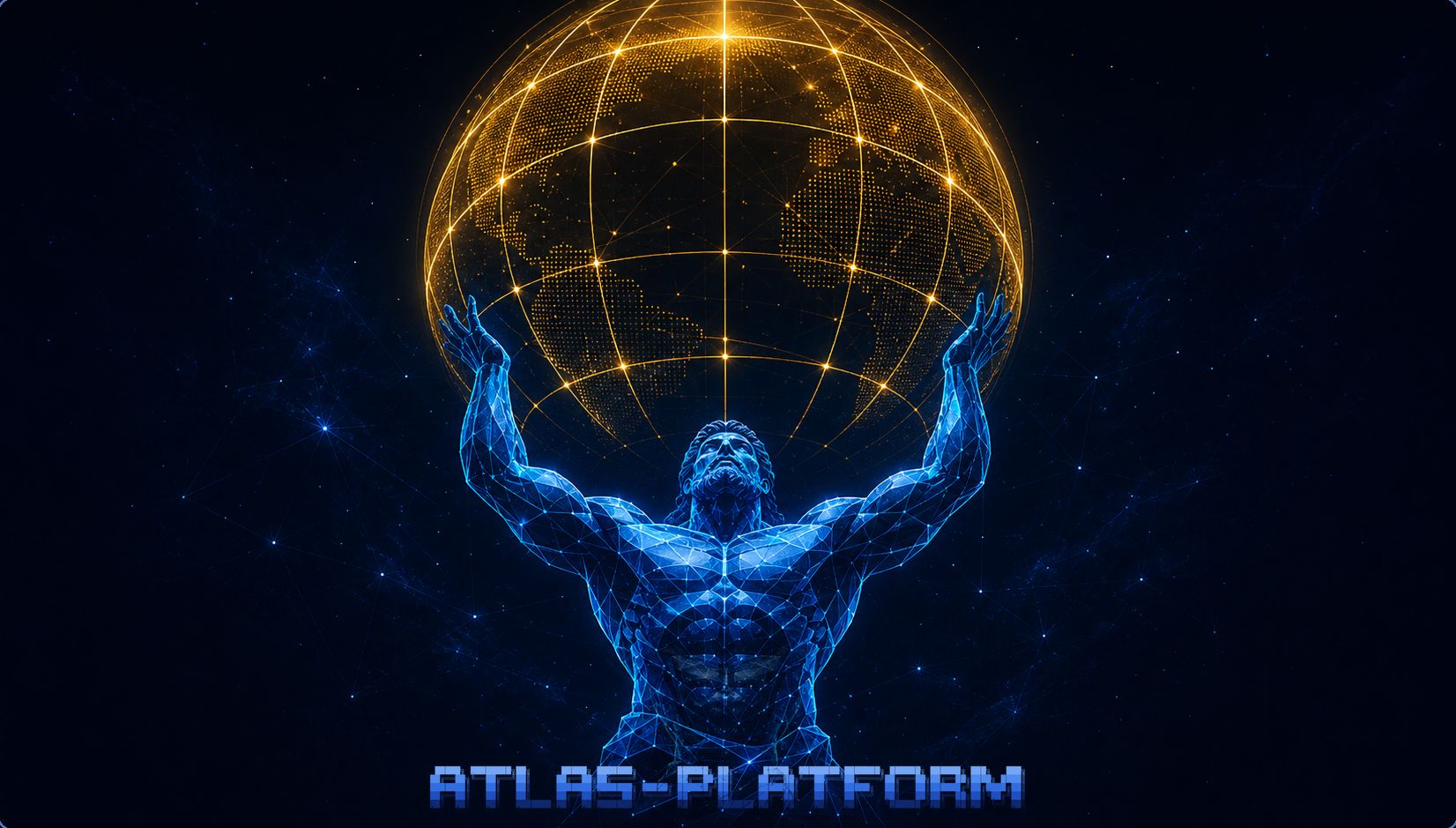 Atlas rendered in blue wireframe, holding aloft a glowing golden wireframe globe — the platform bearing its world of services.