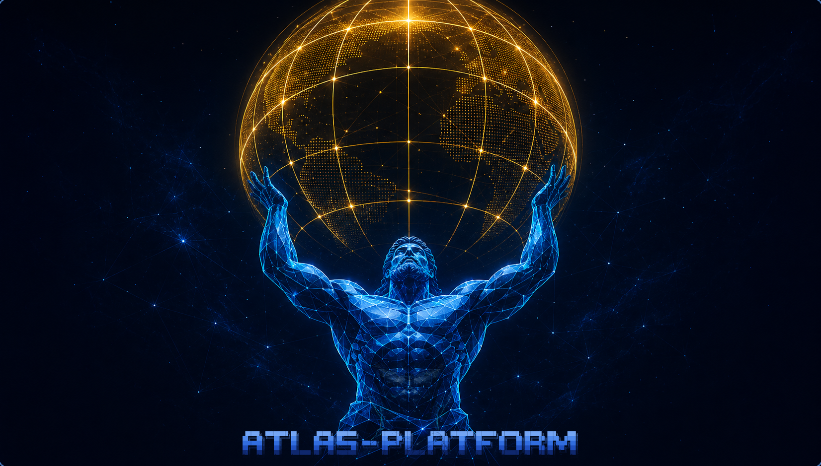 Atlas rendered in blue wireframe, holding aloft a glowing golden wireframe globe — the platform bearing its world of services.