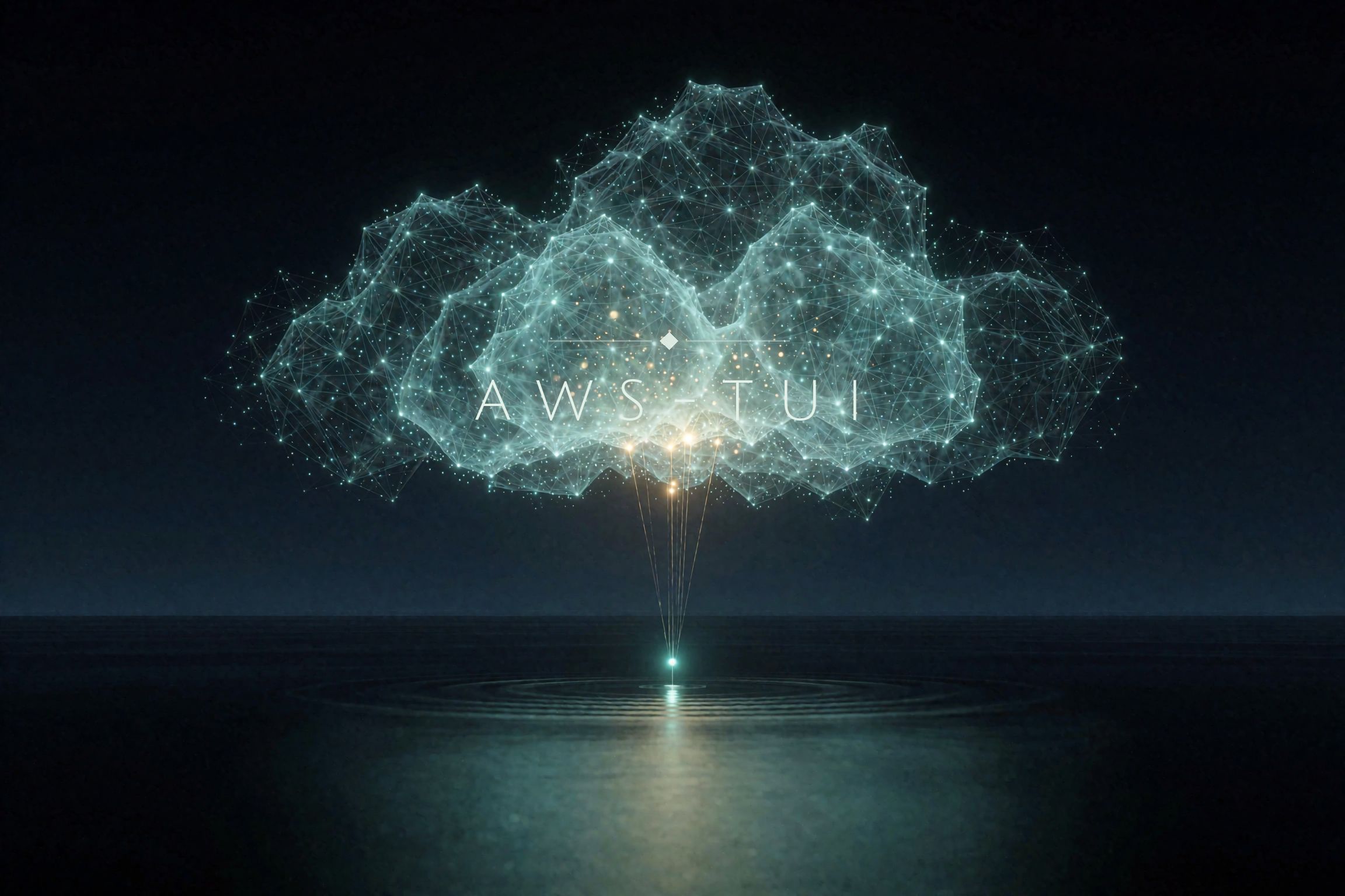 A wireframe cloud of teal light anchored by golden tethers to a glowing point on a dark sea, the AWS-TUI wordmark seated at its luminous core.