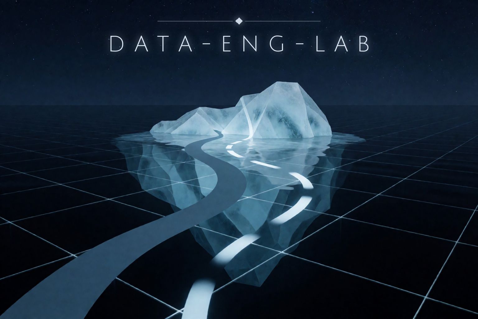 A crystalline iceberg on a gridded night sea, most of its faceted mass below the waterline; a smooth stream and a pulsed stream flow toward it beneath the DATA-ENG-LAB wordmark.
