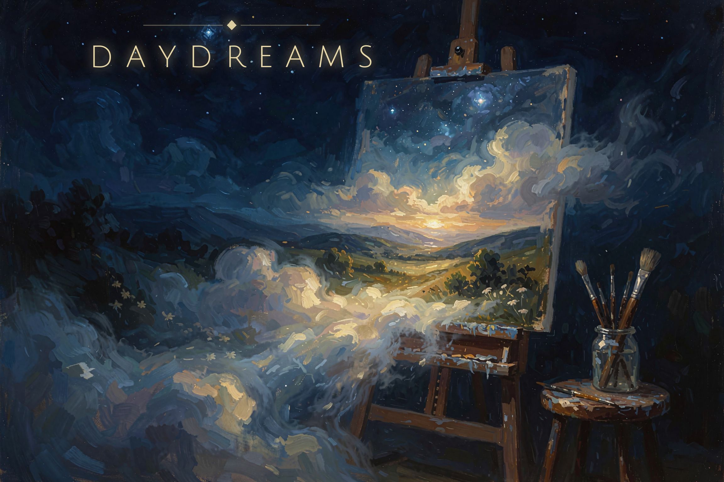 A canvas on a night easel overflows its frame — the painted landscape spills out as glowing clouds while the brushes rest untouched, beneath the DAYDREAMS wordmark.