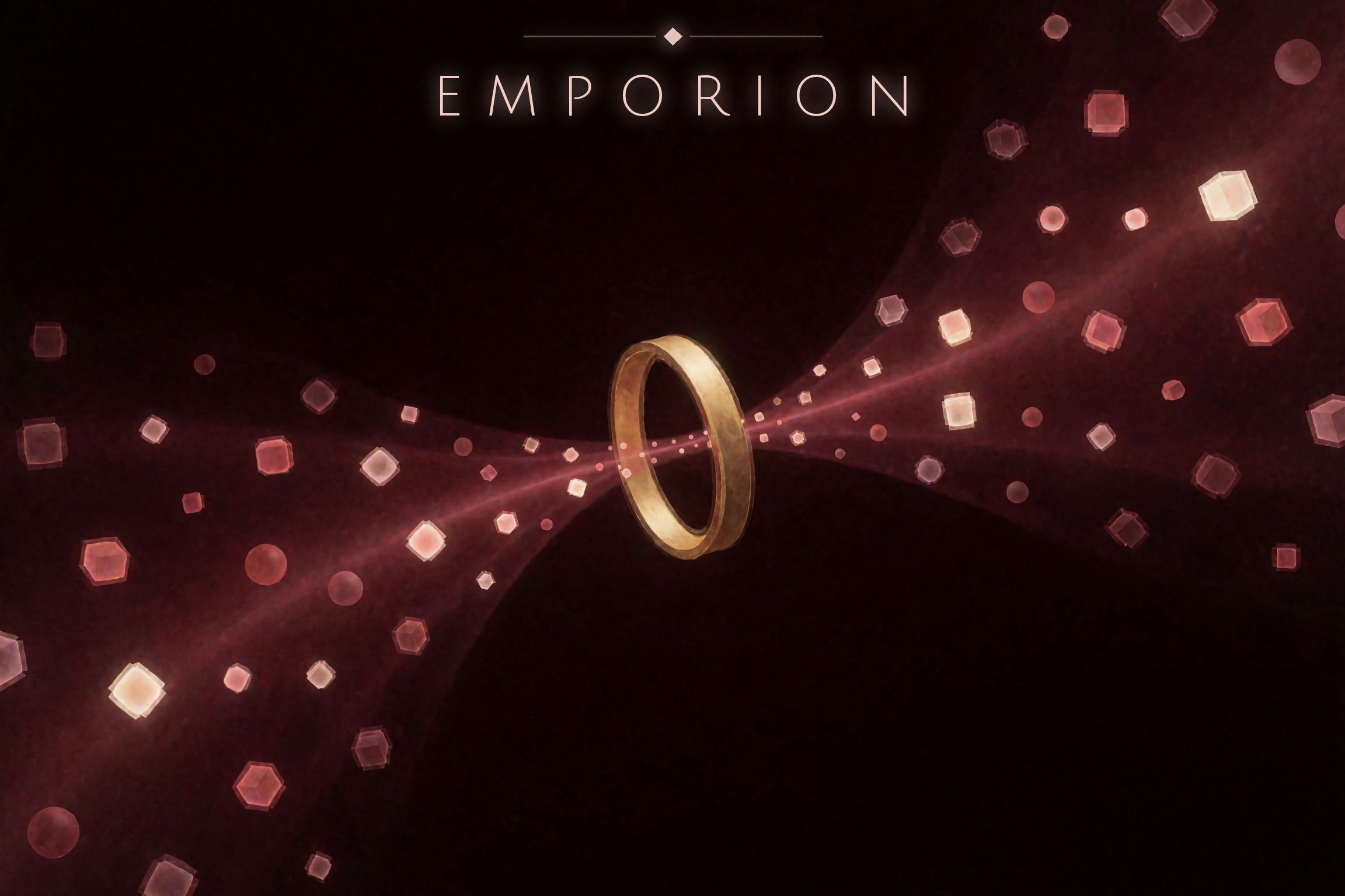 A golden ring at the waist of two crossing streams of gem-like wares flowing through it, beneath the EMPORION wordmark.