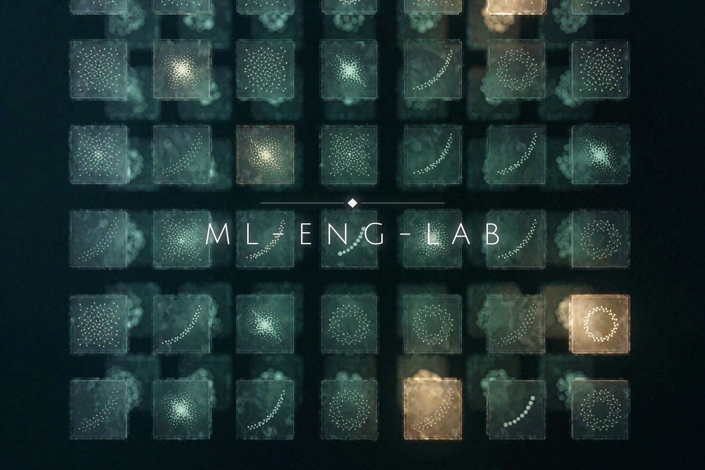 A grid of translucent teal panels floating in dark space, each glowing with a different tiny pattern — point meshes, noise clouds, rising curves, rings — beneath the white ML-ENG-LAB wordmark.