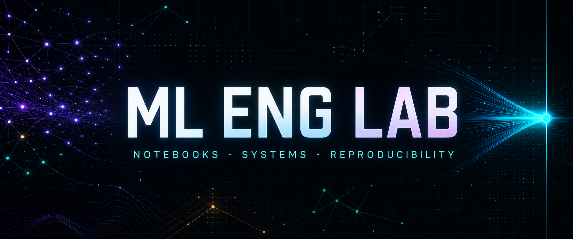 ML Eng Lab — notebooks, systems, reproducibility — set in a glowing field of networks and gradients.