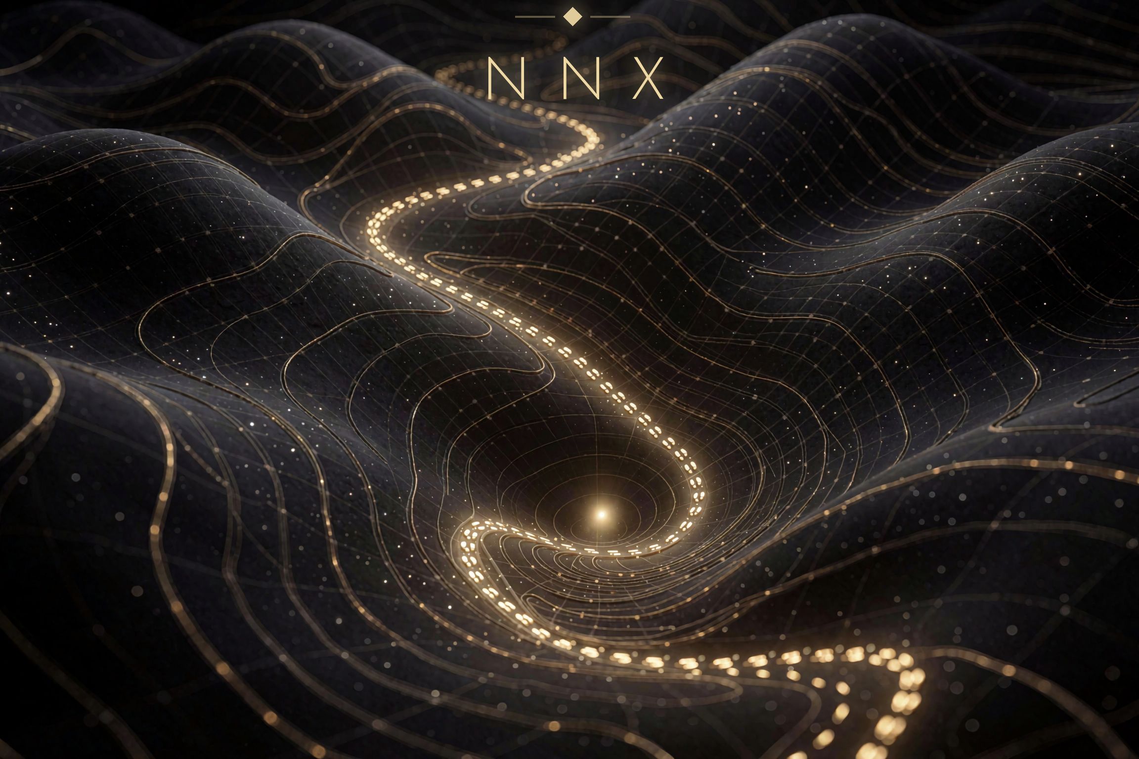 A dotted golden path switchbacks down a dark contour-lined loss landscape into a radiant minimum, beneath the NNX wordmark and its gem.