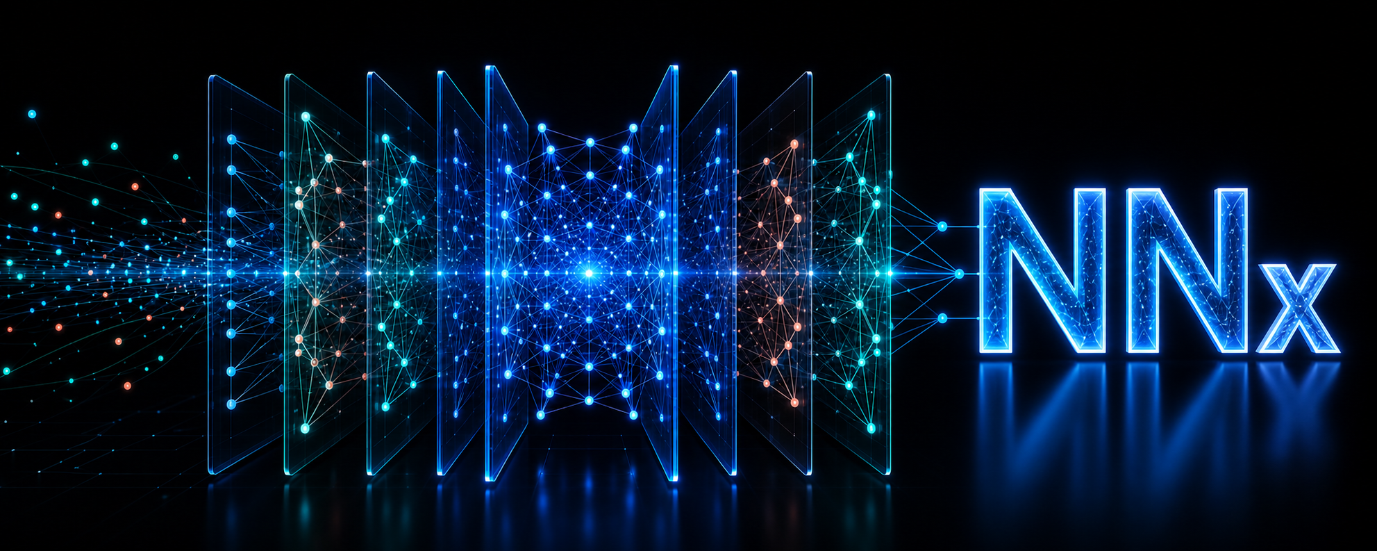Glassy neural-network layers converging into a glowing NNx wordmark — data flowing through a training stack.