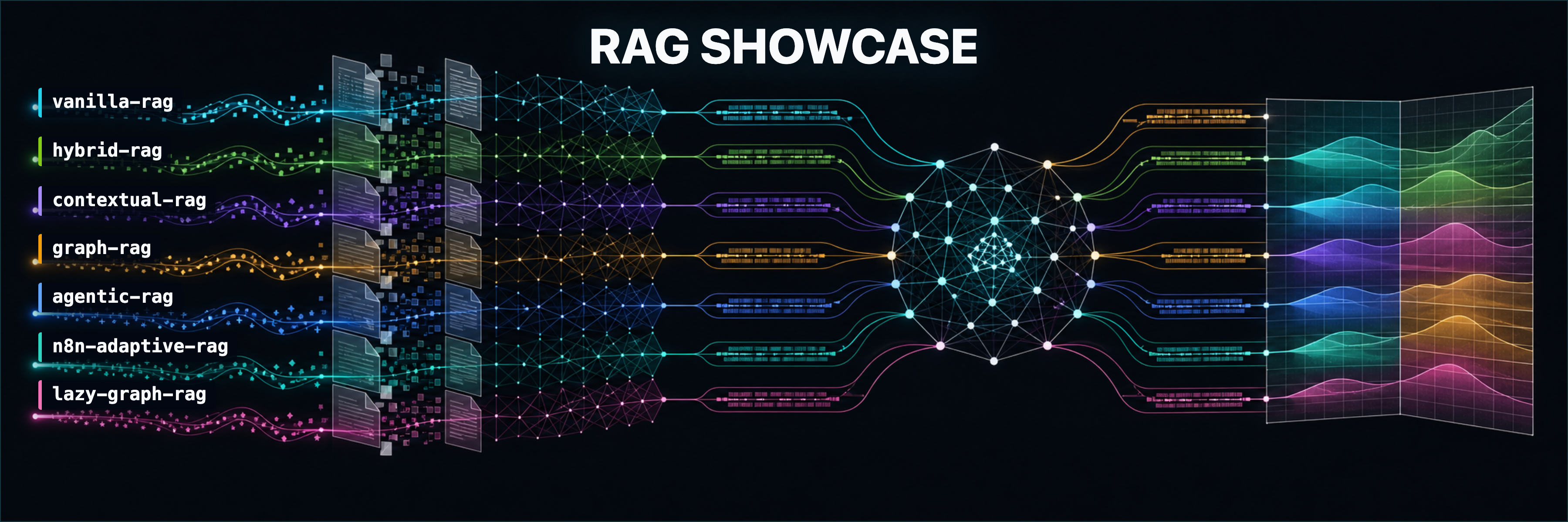 Seven colored retrieval paths — vanilla to lazy-graph — converging through one knowledge graph into measured comparisons.