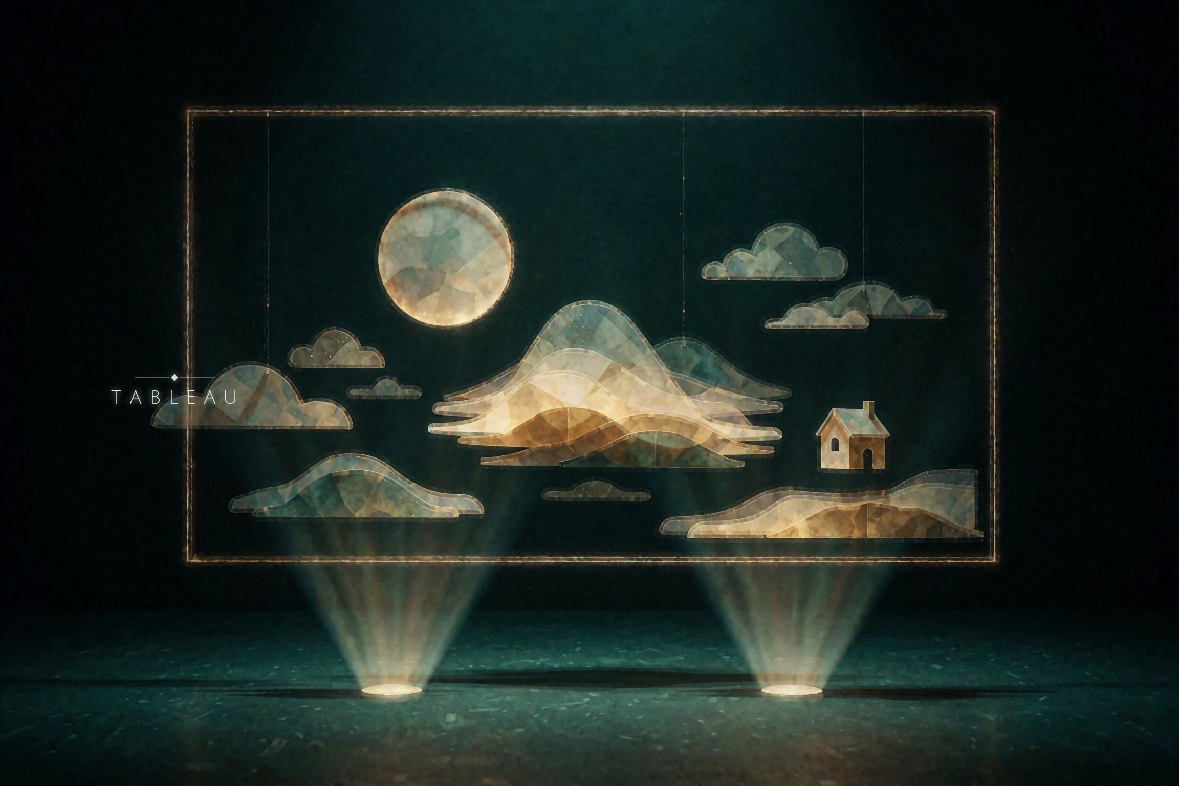 A suspended mobile of translucent moon, hills, clouds and a small house, lit by two floor beams on a dark stage, the TABLEAU wordmark at its side.