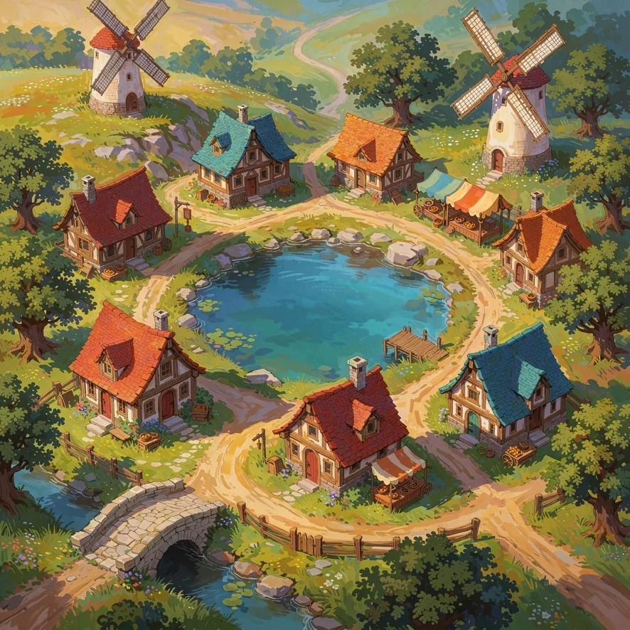 Original painted reference for Willowmere village