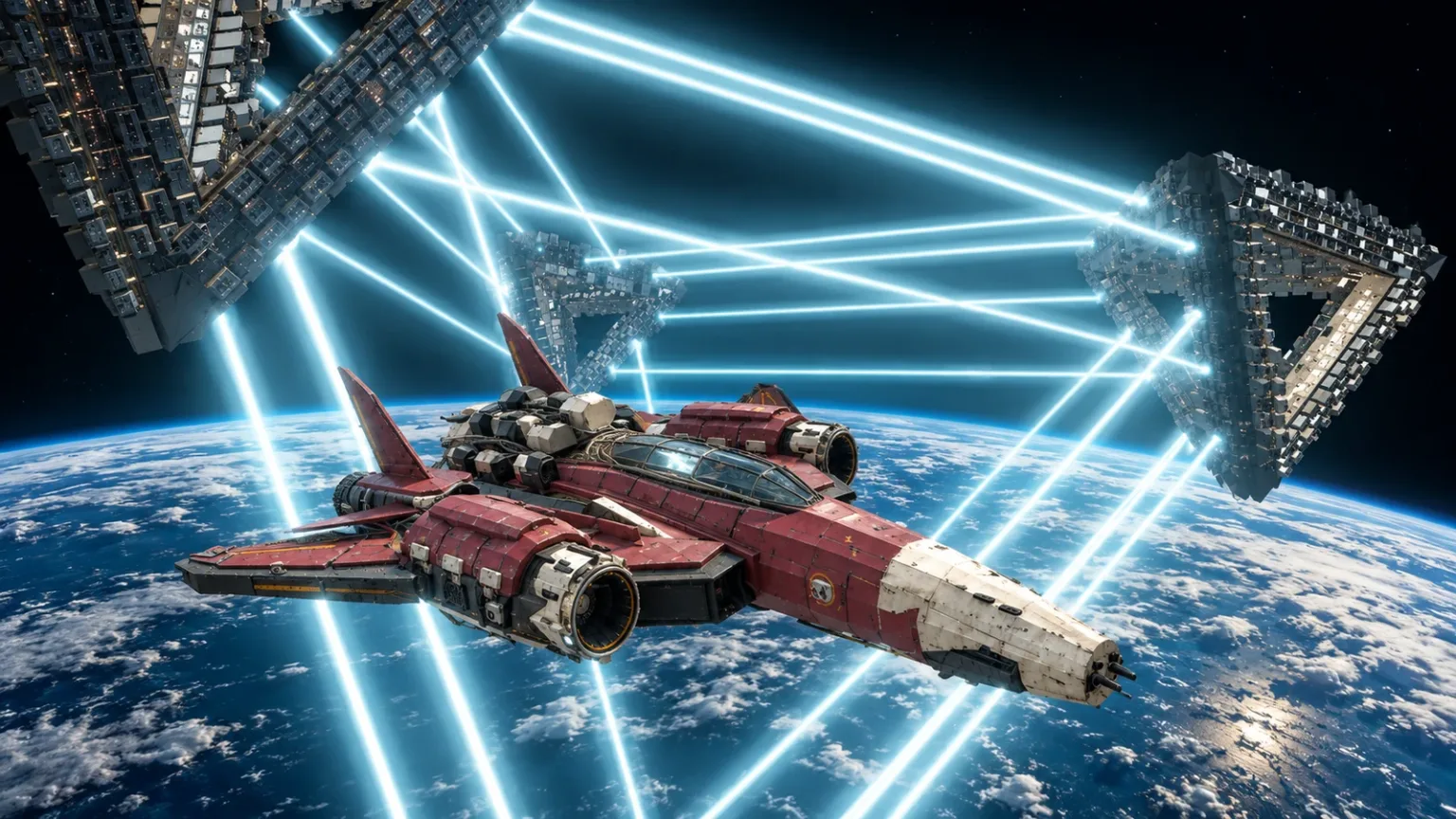 The red craft beneath triangular walls joined by beams of light, Earth below