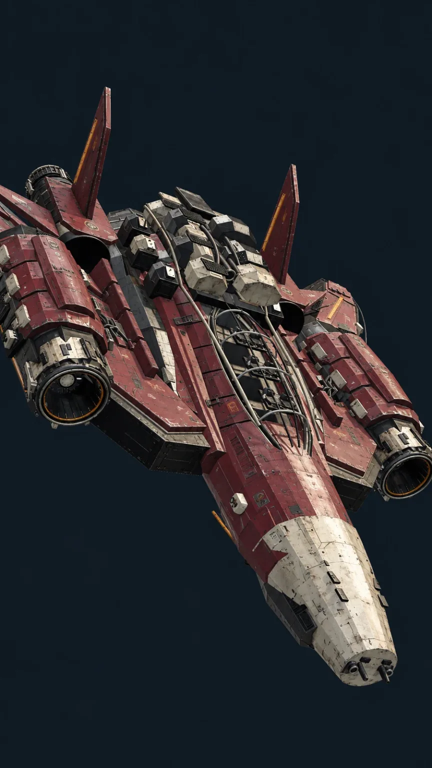 The red craft seen from above and behind, its two engines lit