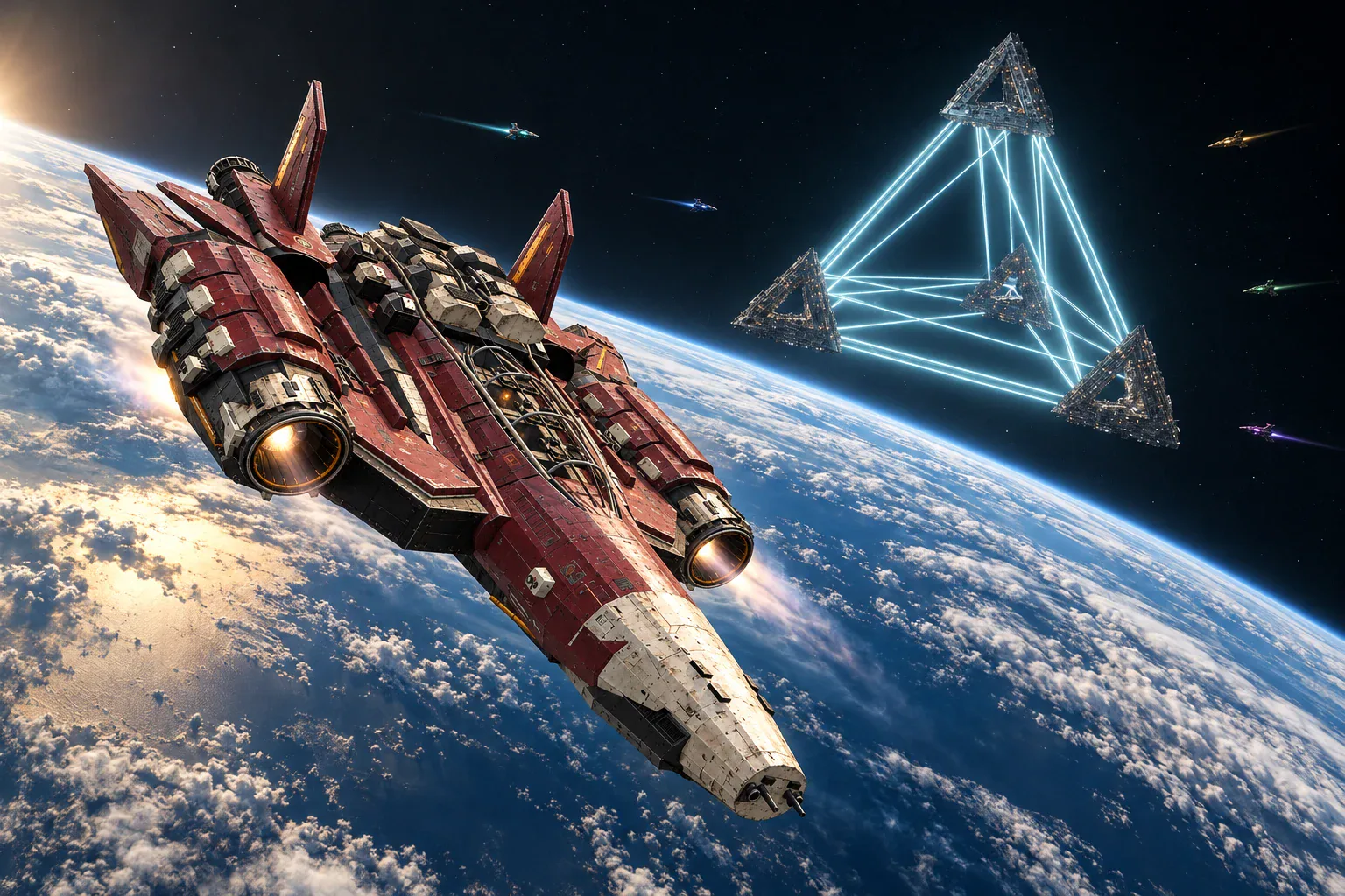 The red craft above Earth, the walls and their beams of light beyond it