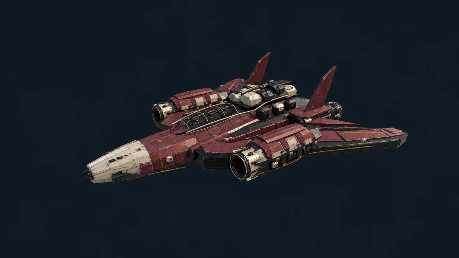 The red craft from its left side, against a dark background