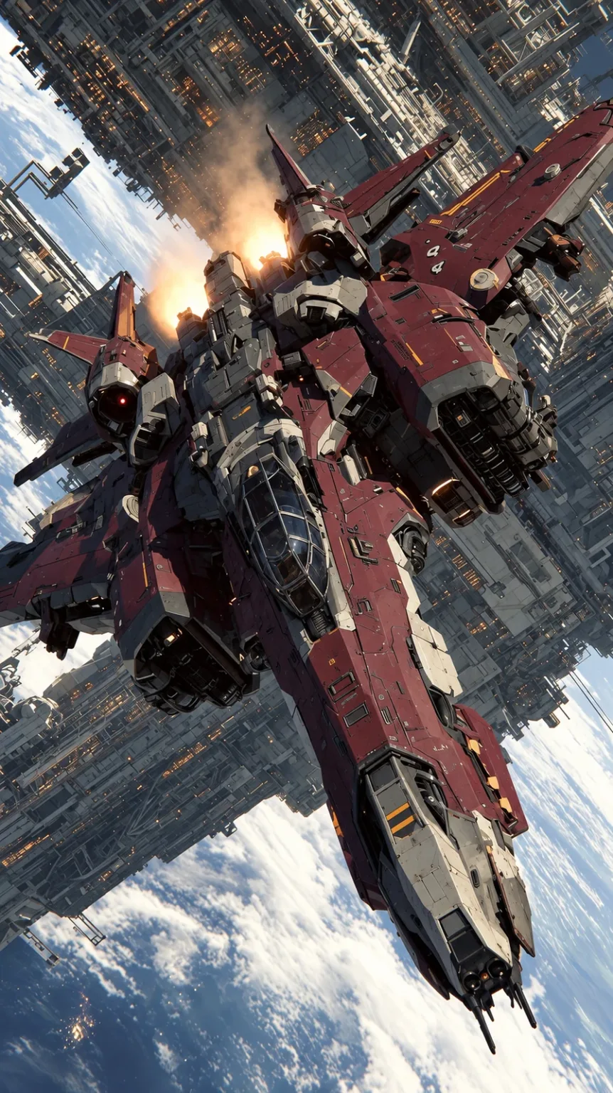 The red craft diving steeply past towering city blocks, with clouds and Earth far below