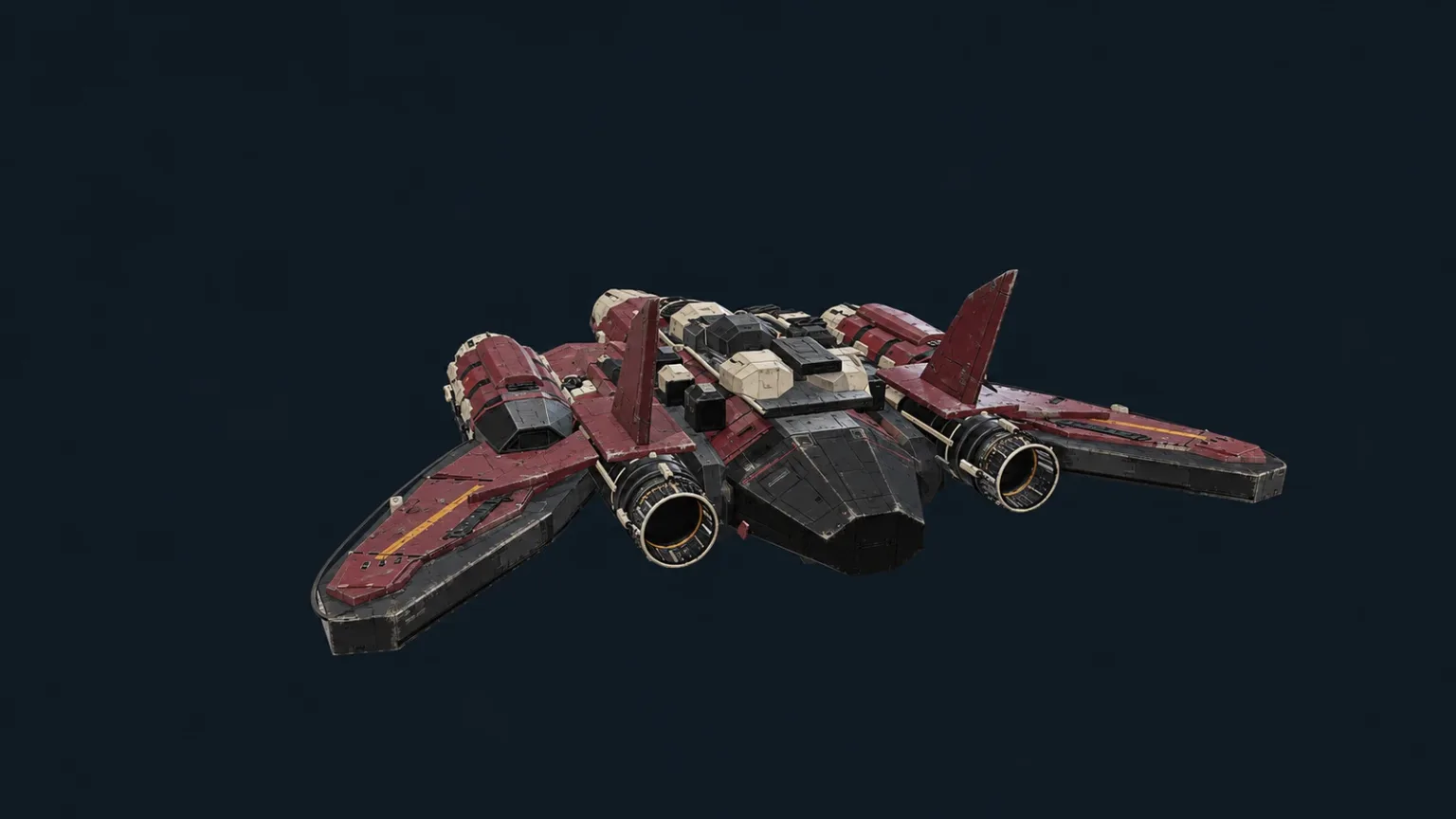 The red craft from behind: twin engines, tail fins and swept wings