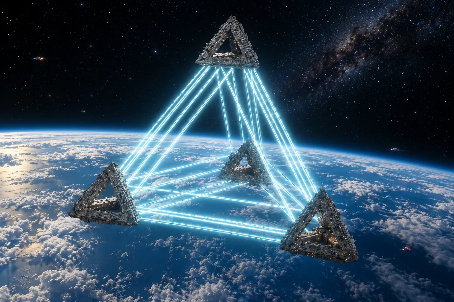 Four triangular walls joined by beams of light, high above the clouds of Earth