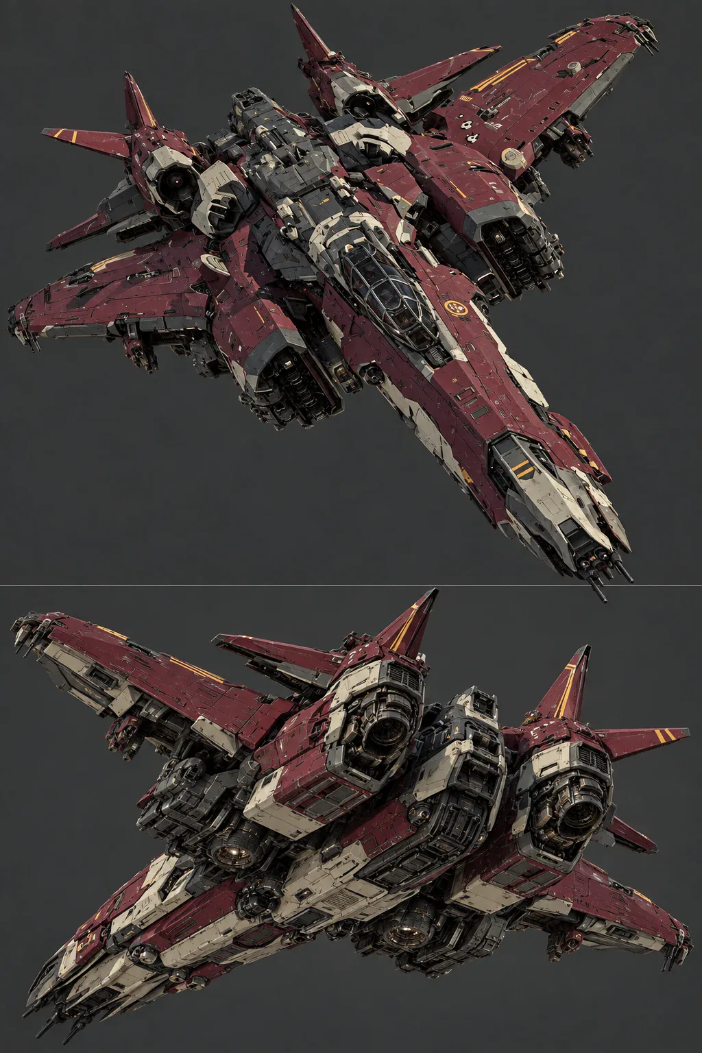 Two views of the red craft, one above the other