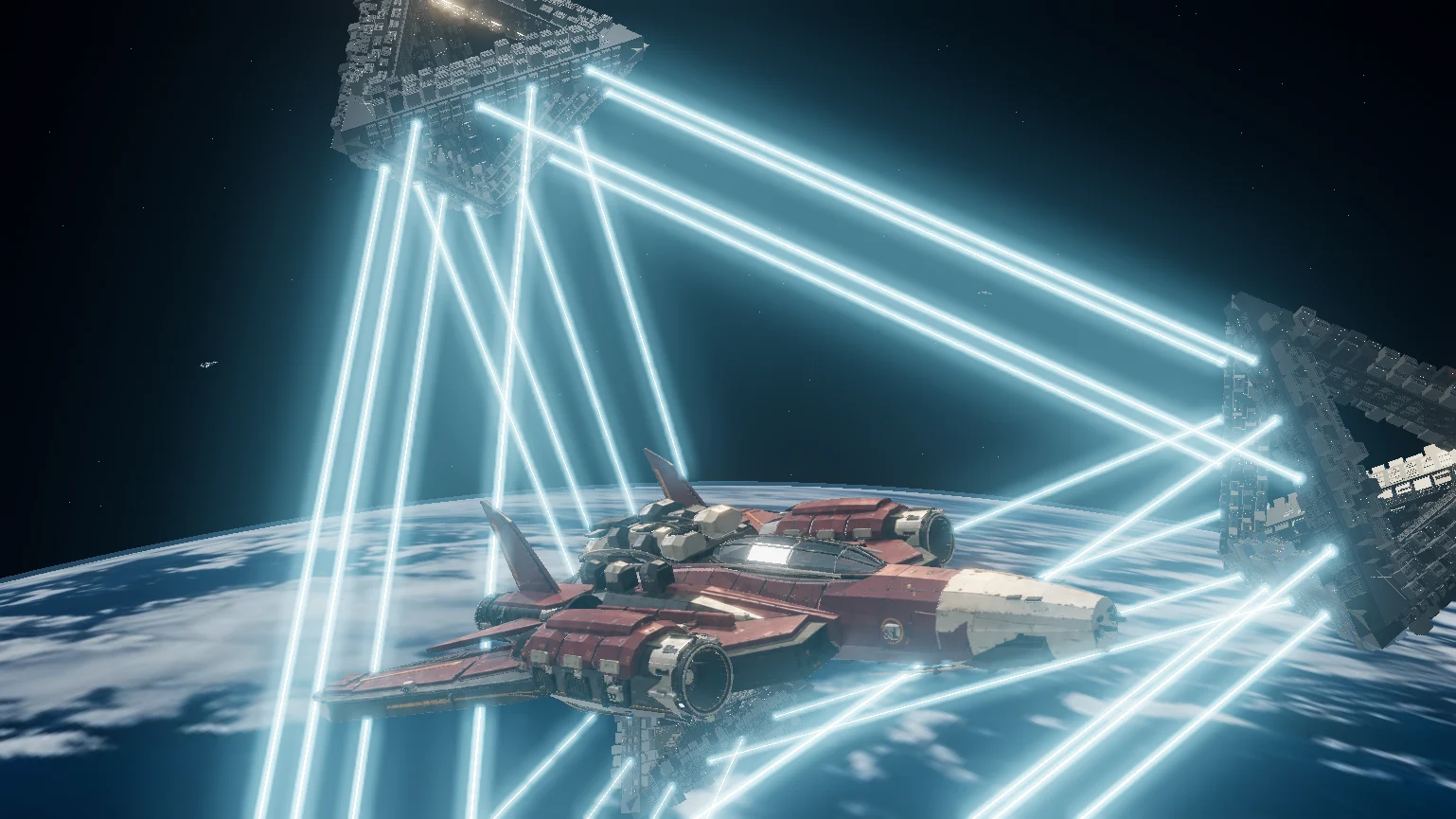 A red craft above Earth between two great walls joined by beams of pale blue light