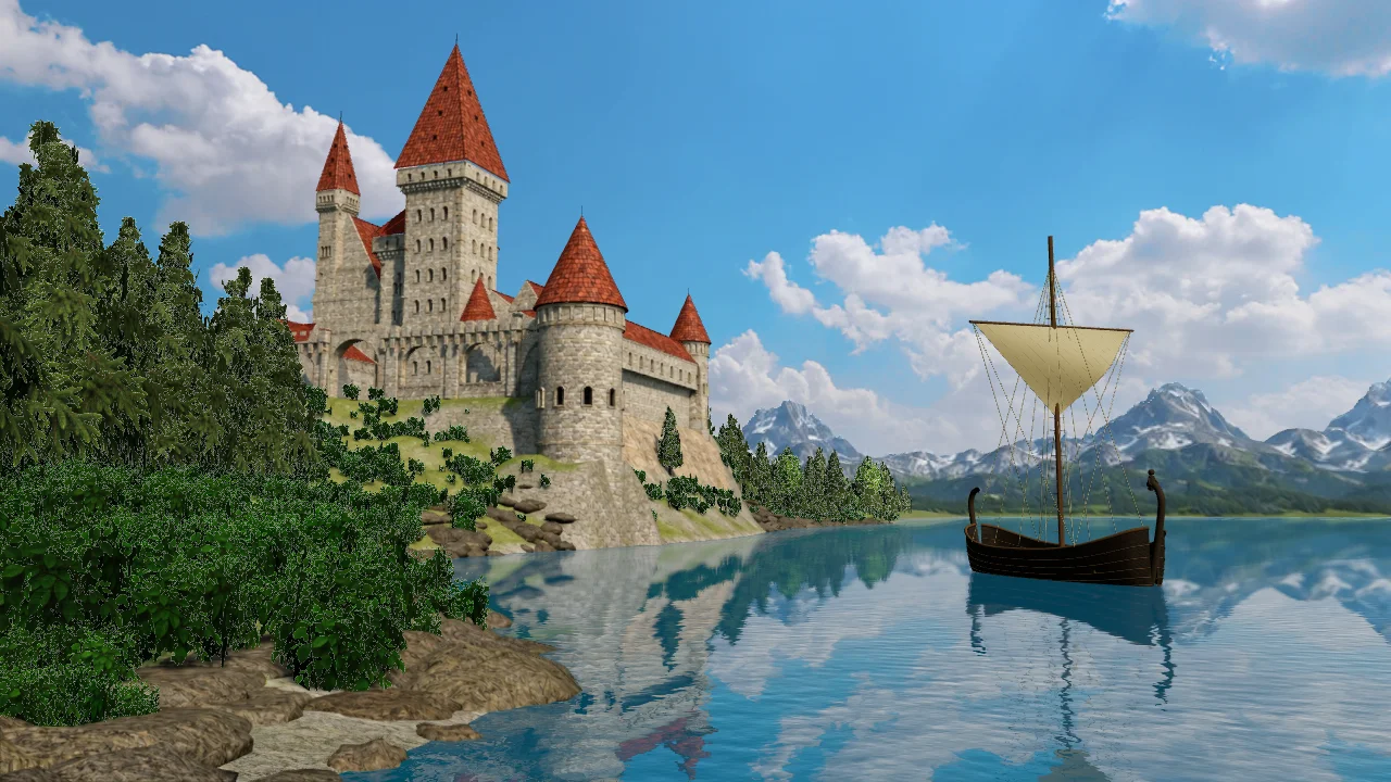 A red-roofed stone castle above blue water, conifer forest and alpine mountains