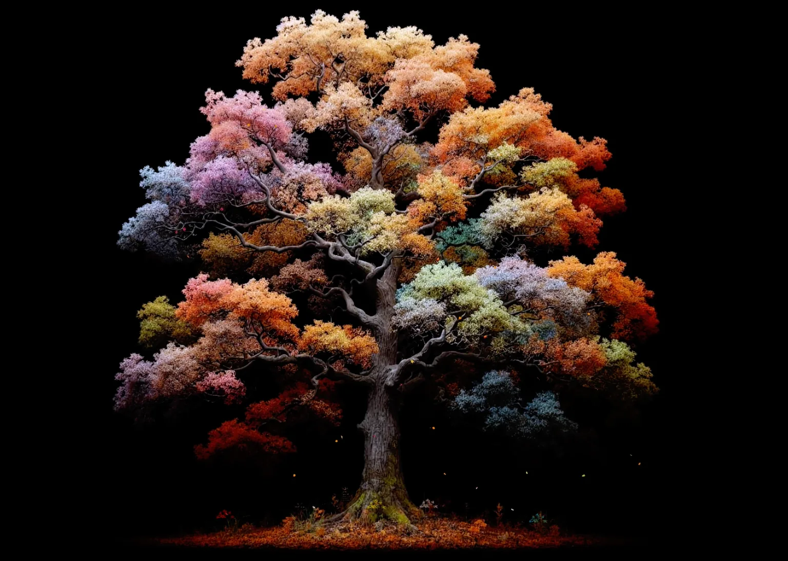 The original reference: an ancient tree, its crown in many autumn colors, against the dark