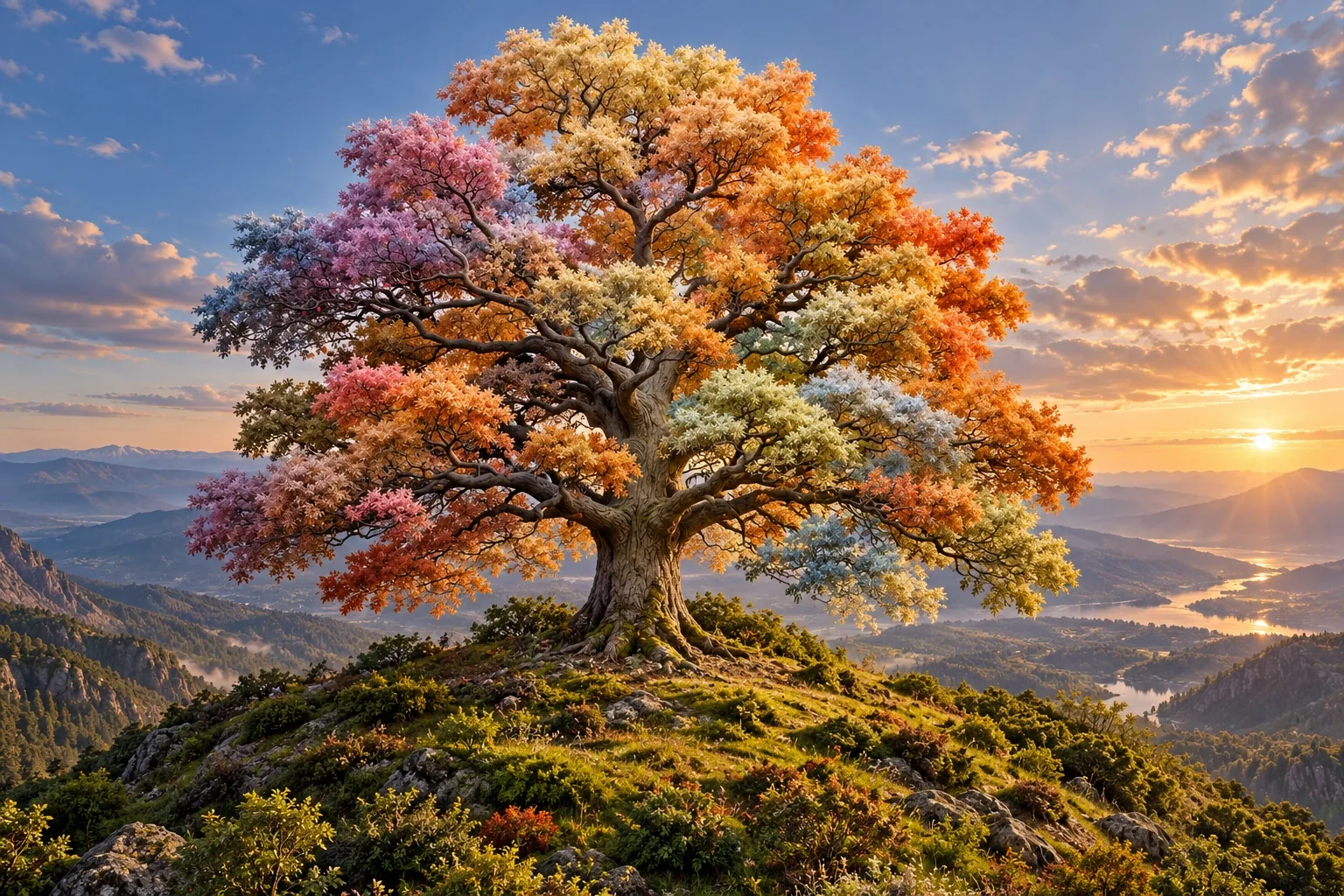 Design target: the ancient tree on its green hill above an autumn valley