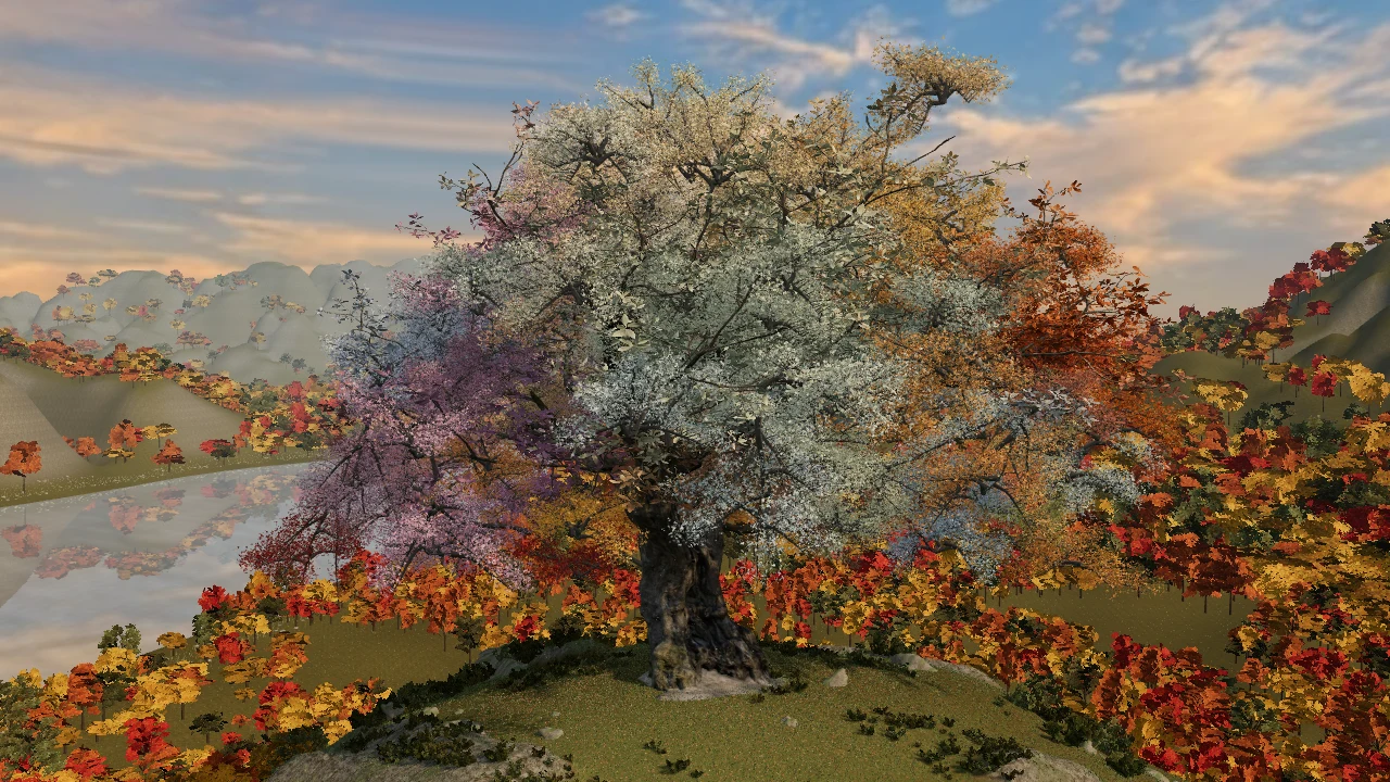 An ancient many-colored tree above an autumn forest, a lake and mountain ranges