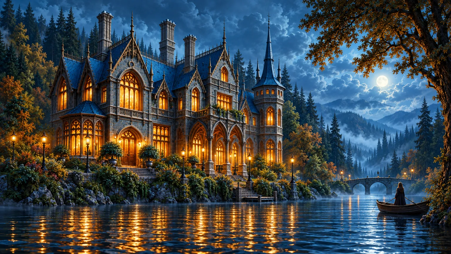 The manor seen across the water, its lit windows reflected in the lake, a boat near a stone bridge