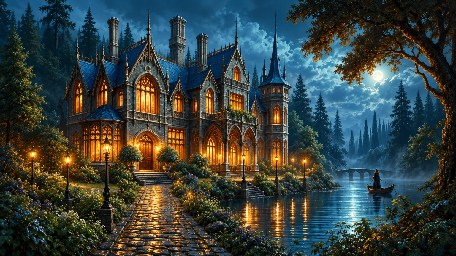 A gothic manor with lit windows beside a lake under a full moon, a lamplit path leading to its door