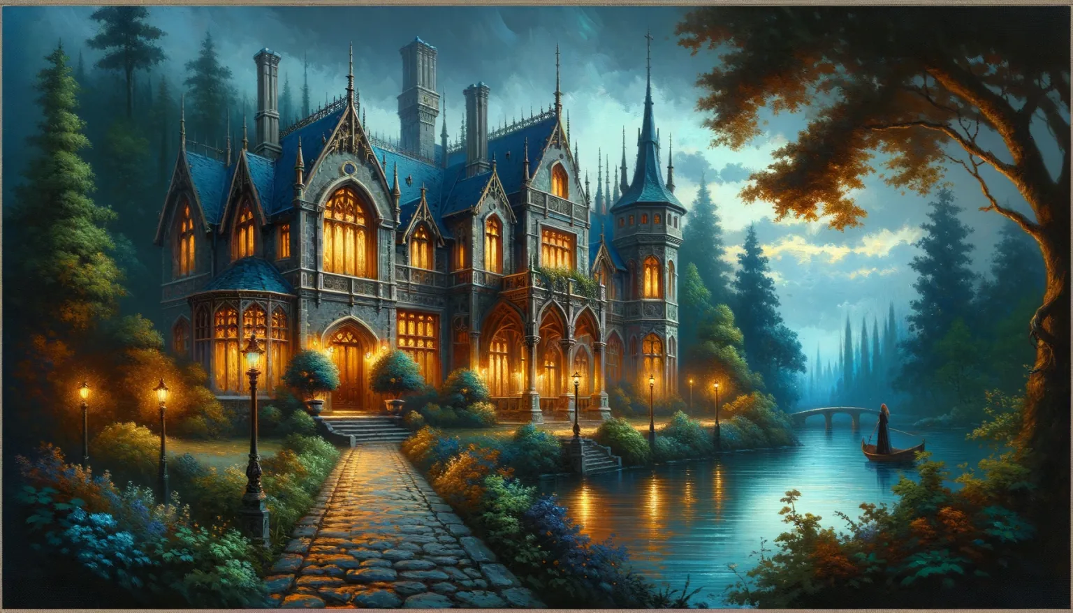 A painting of the manor at dusk, lamps along its path and a boat on the lake
