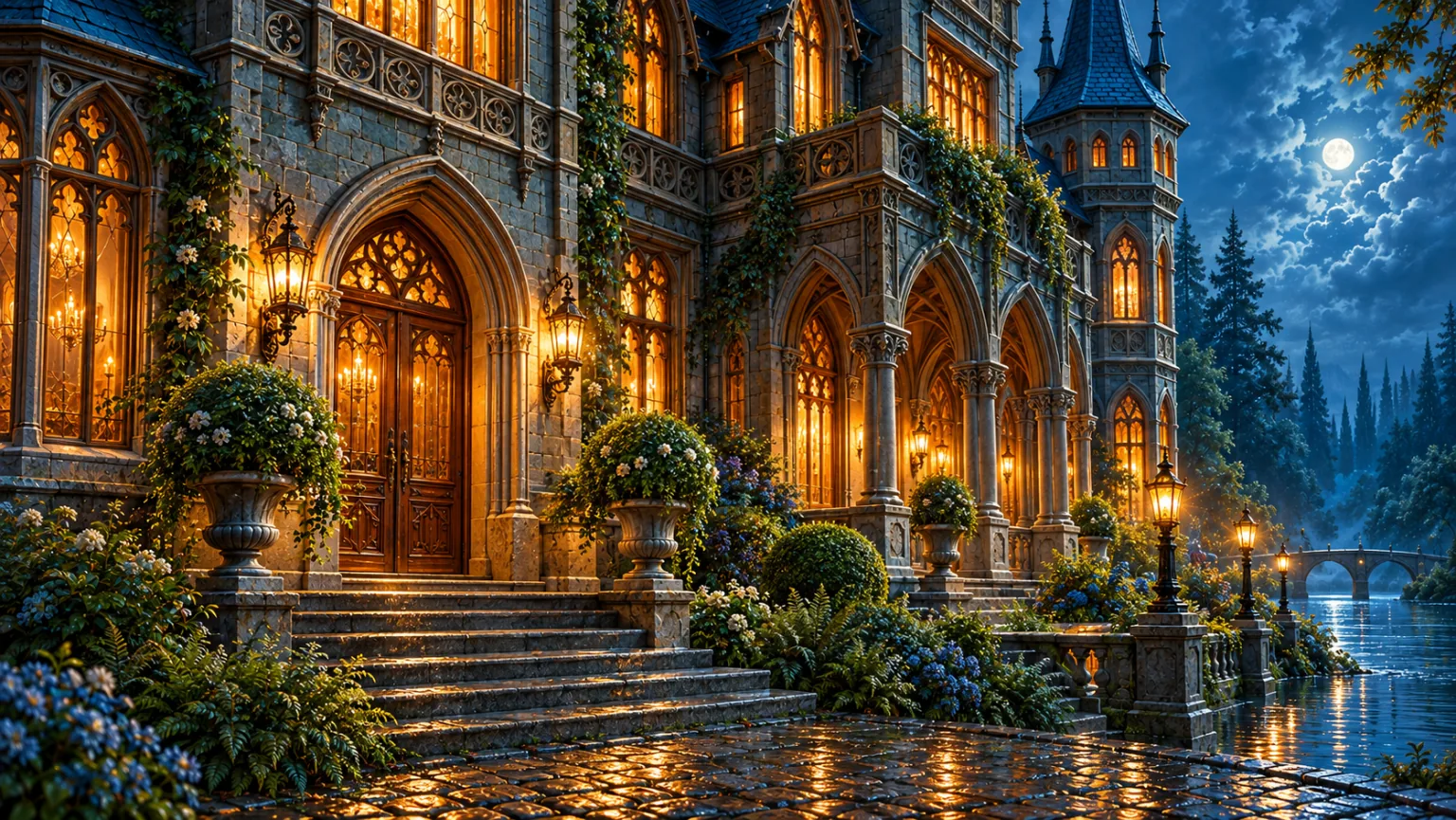 Carved stone arches, lit windows and a lantern-lined stair at the manor’s entrance
