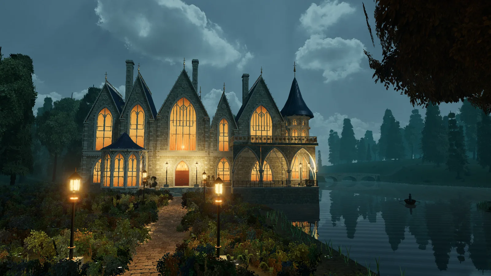 A gothic manor with lit windows at dusk, a lamplit garden path before it and a lake beside it