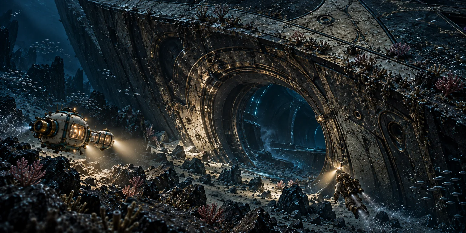 Close to the wreck’s round opening, the pod’s lamps on the rock