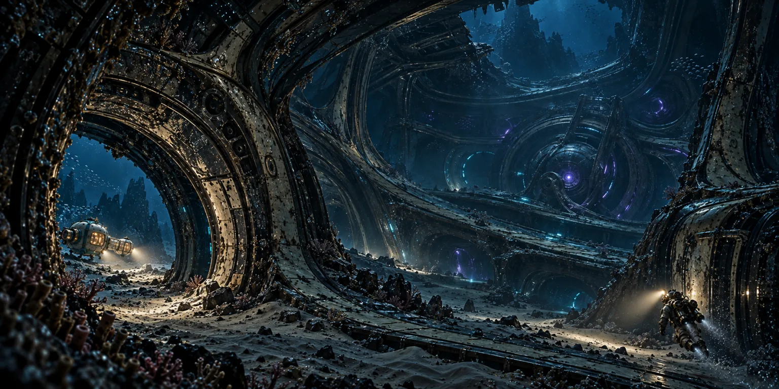 Through a great arch into the wreck’s interior, rings of violet light within