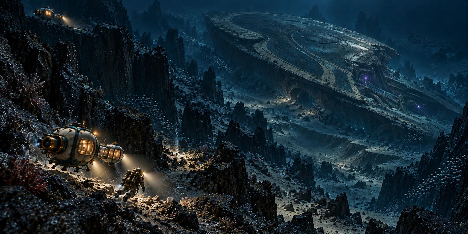 The pod descending a rocky slope toward the distant wreck