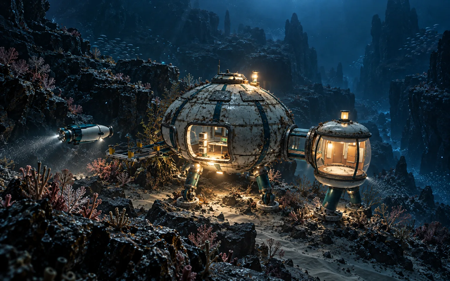 The domed observatory on the seabed, its windows lit, a second lit room beside it and a pod alongside