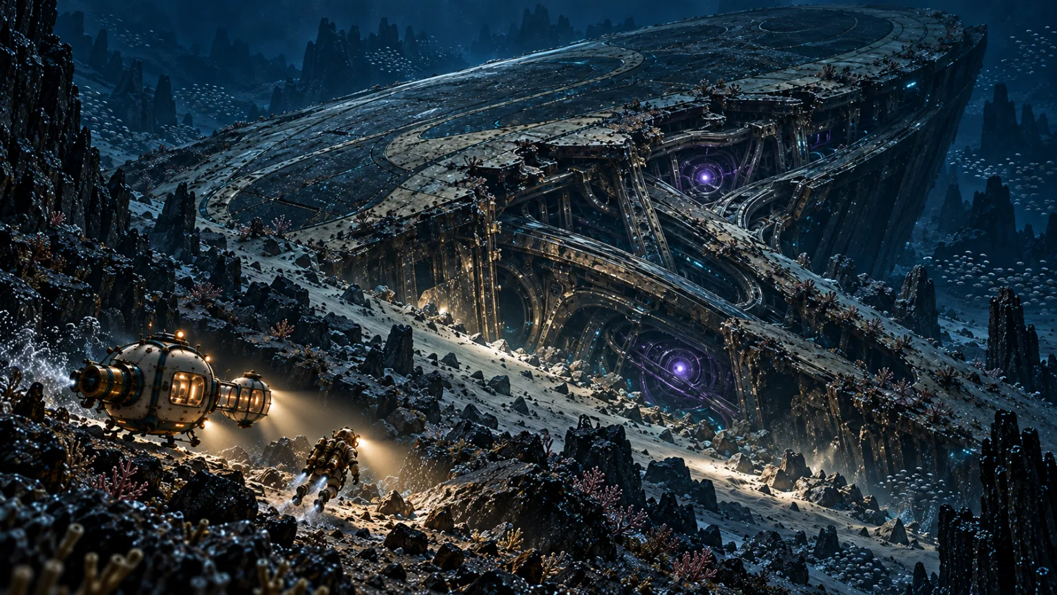 The far side of the wreck, its torn hull and layered machinery