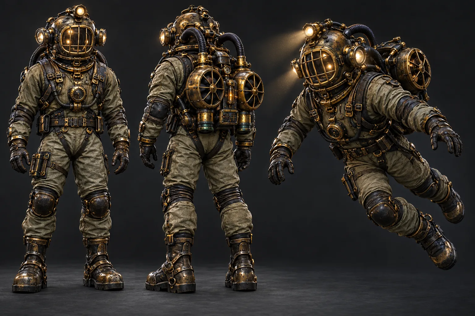 Three views of the heavy diving suit: front, back and swimming