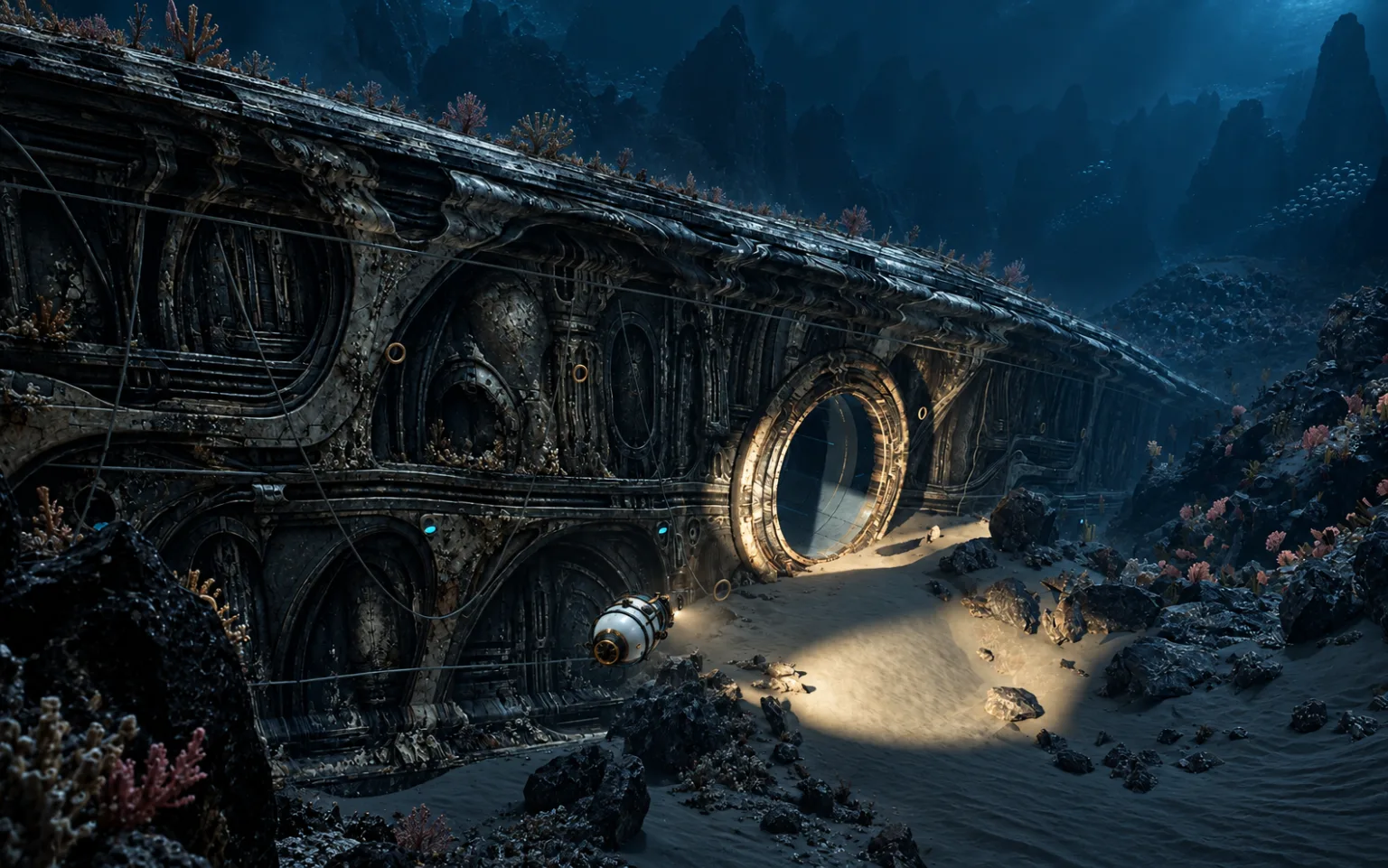 A long stretch of the hull’s carved surface beside a sandy floor, a lit round opening and a small pod nearby