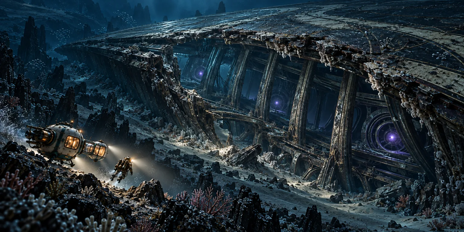 Ribs and machinery exposed along the wreck’s broken side, a pod and a diver at the lower left