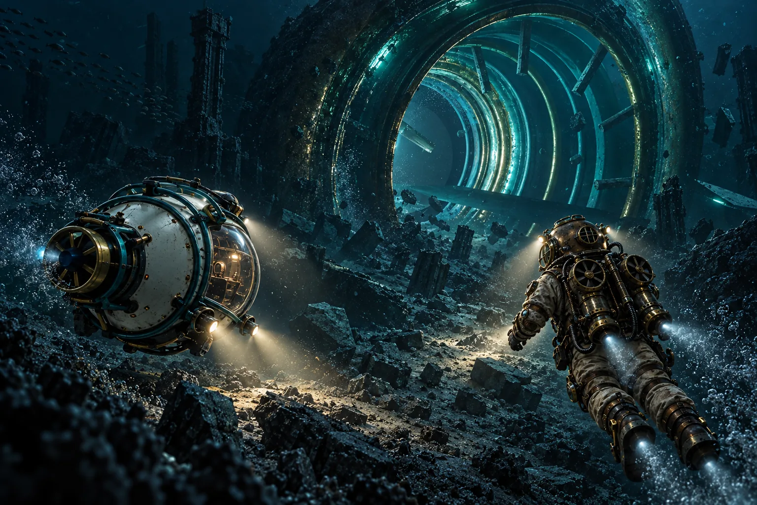Design target: the pod and the heavy diver, their lamps on the wreck