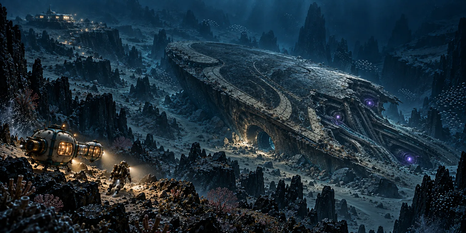 The wreck seen from a high ridge, the pod and a diver on the slope