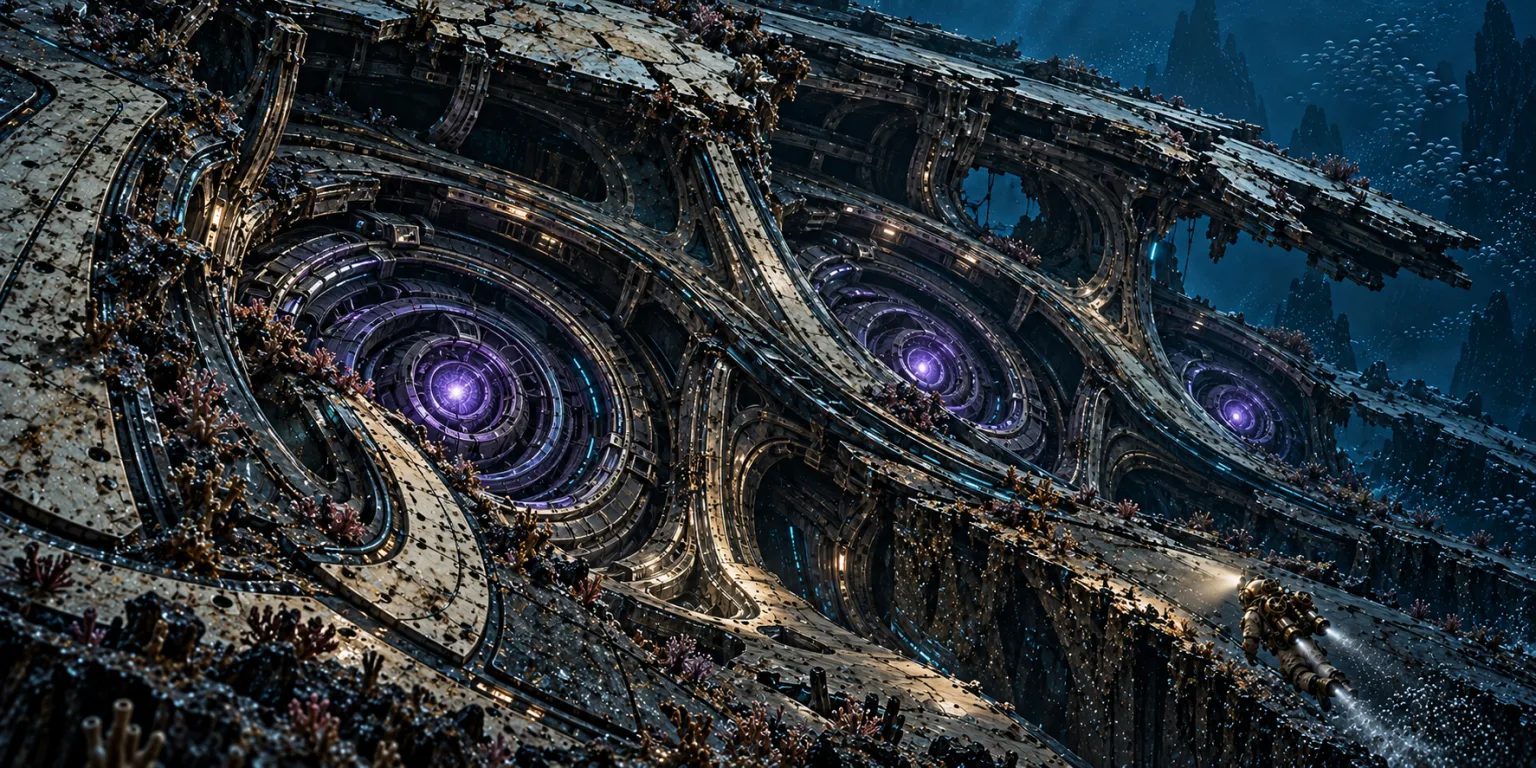 A close view of spiral machinery set into the hull, violet lights at the centre of each coil, a diver at the lower right