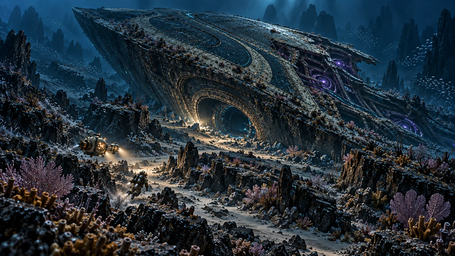 The wreck above fractured rock and coral, the pod small in the distance