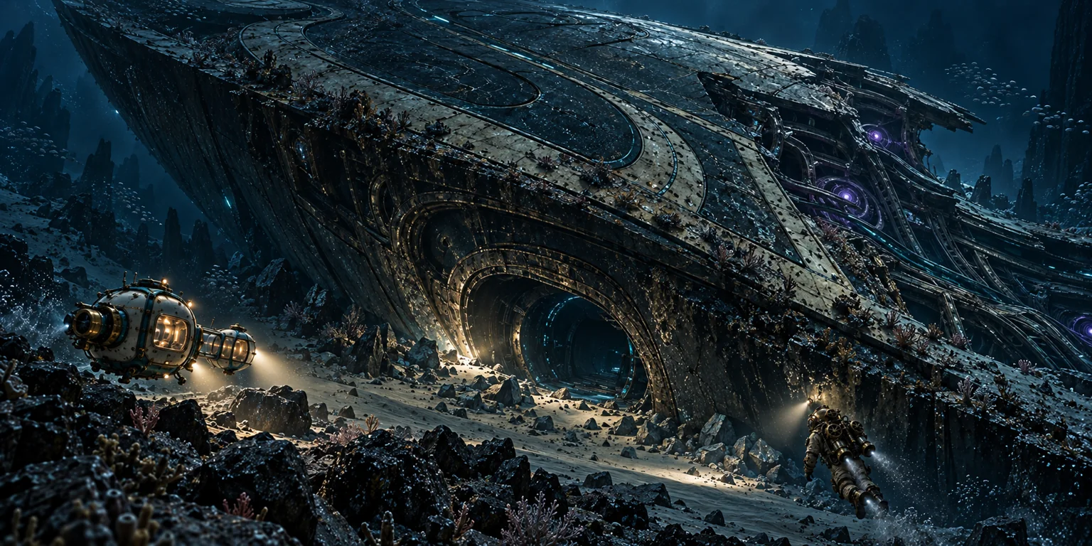 The pod and a diver lighting the wreck’s curved hull and an open arch