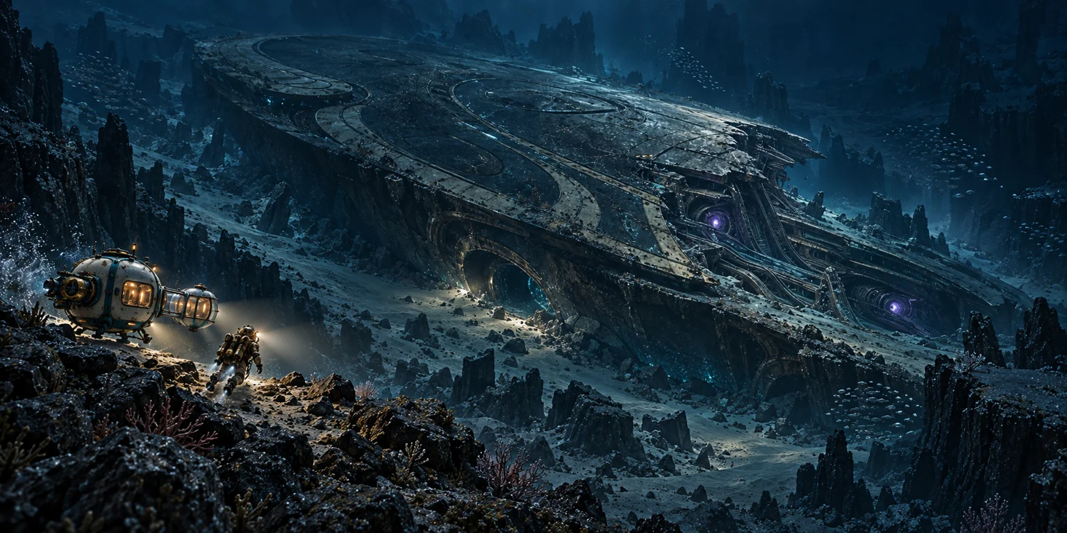 The vast ring-shaped wreck lying in a dark seabed valley, a lit pod and a diver in the foreground