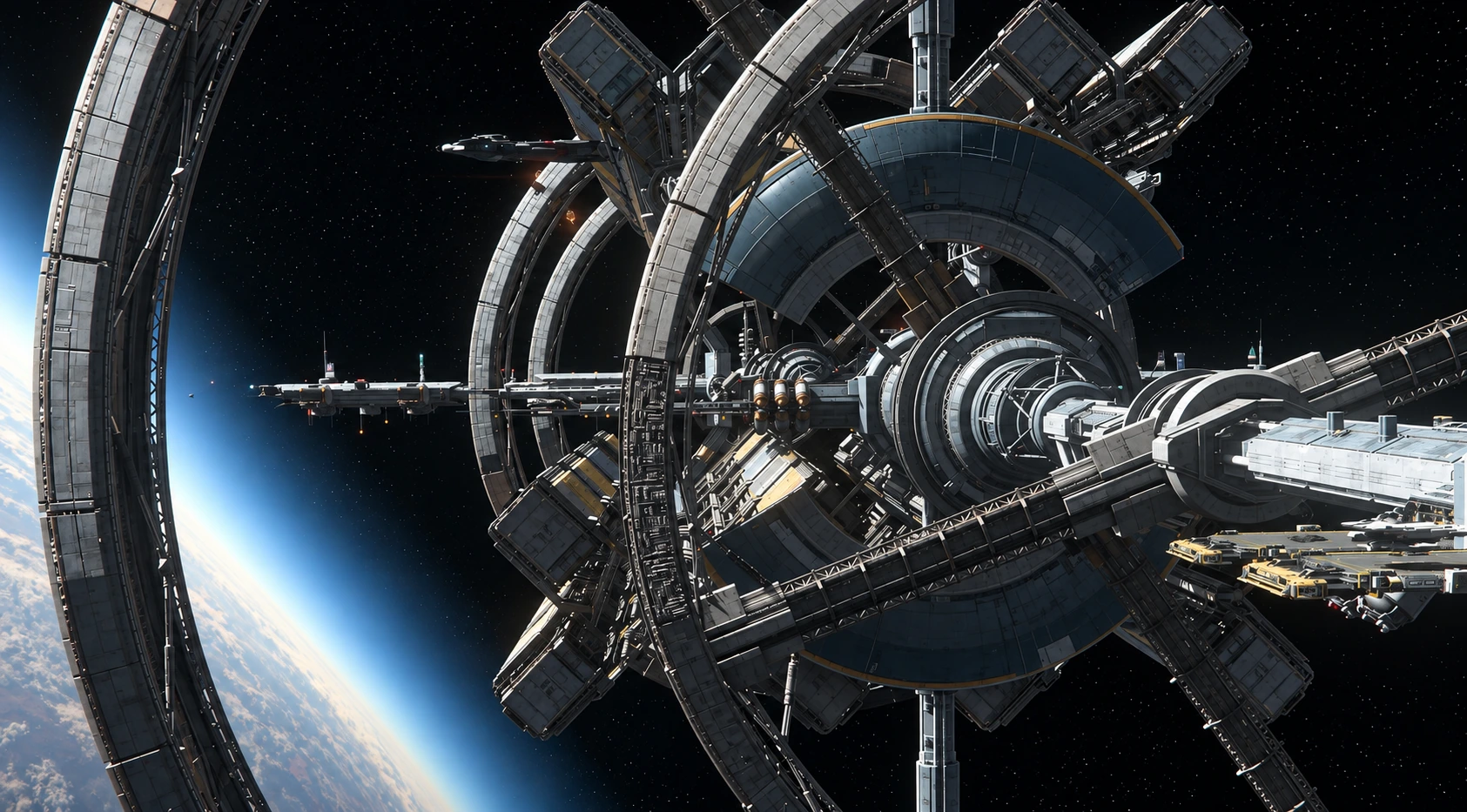 Refined design target: the station on approach, rings lit against Earth's horizon