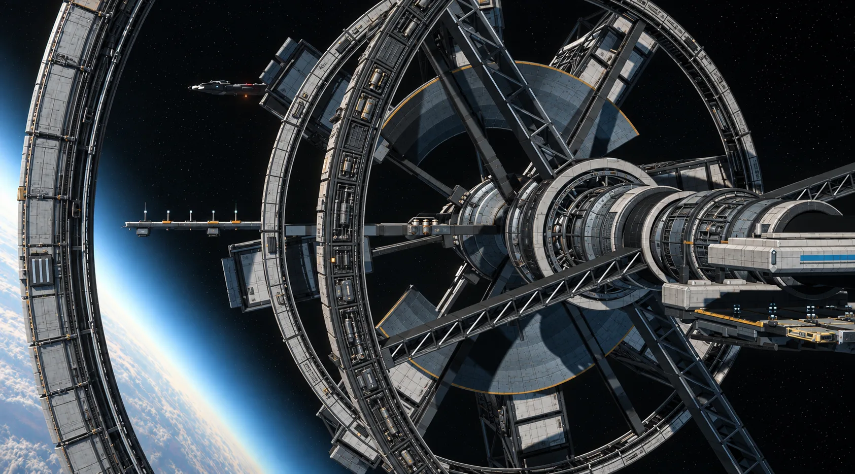 Refined design target: the hub and rotor rings in close construction detail, a courier passing beyond