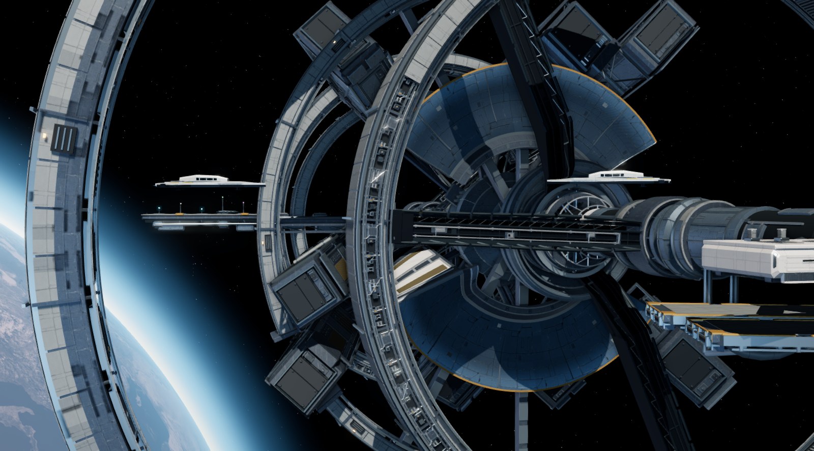 A four-rotor orbital station above Earth's blue horizon, shuttles and a freighter working its lit berths