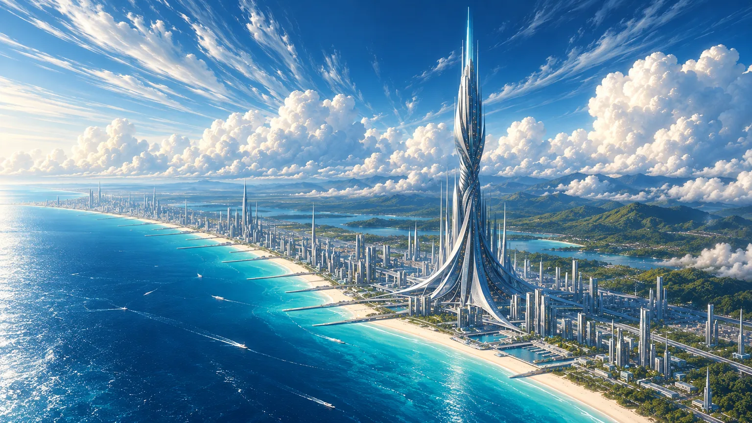 The spire rising from the city where it meets the beach, a coastline of towers stretching away beside the sea