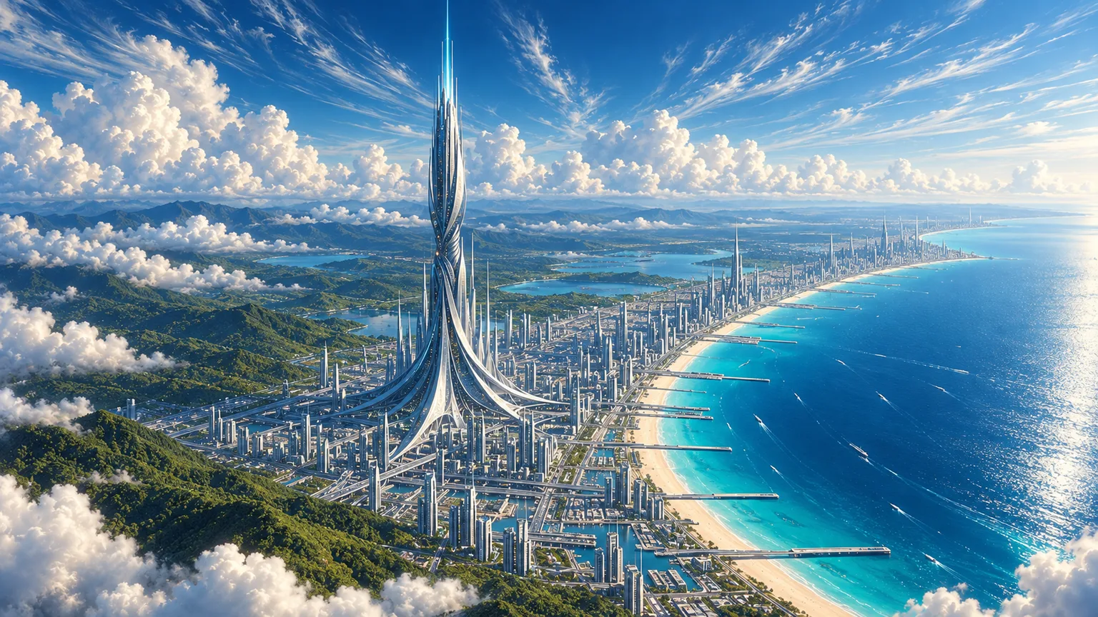 The spire and its city from the air, a long white beach lined with piers to one side and green hills and lagoons inland